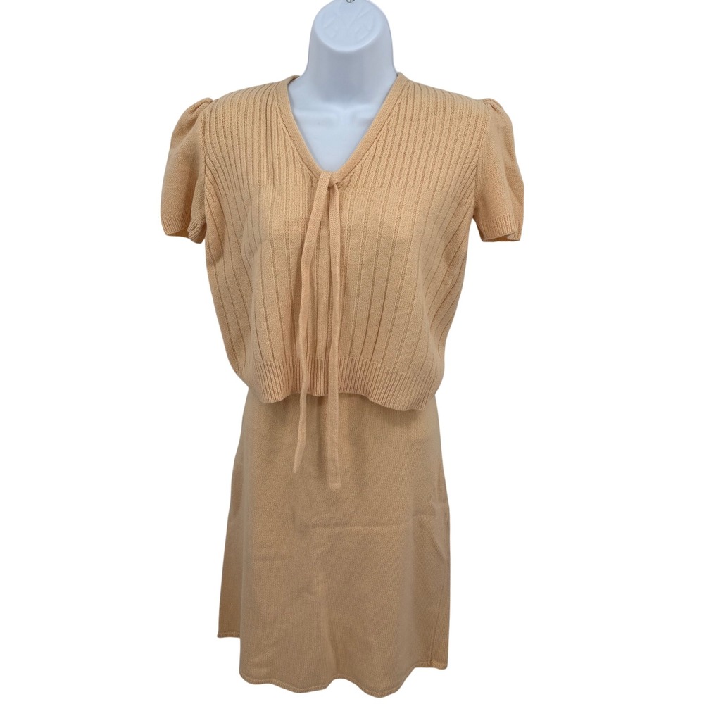Vintage St John by Marie Gray Womens M Skirt Set Peach Knit Ribbed Tie Front Top